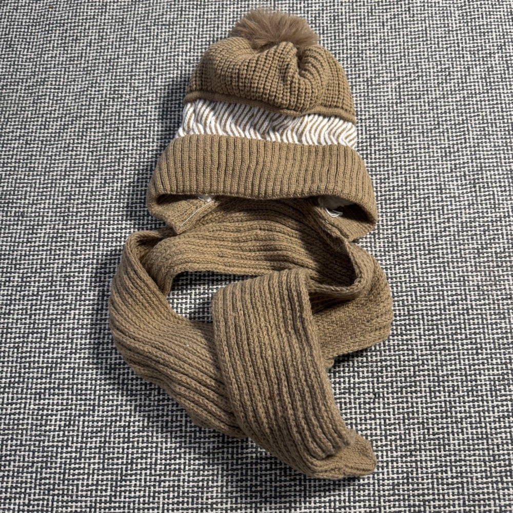 Brown Knit Beanie Scarf Set Fleece Lined Pom Pom Winter Hat Scarf Combo One Size